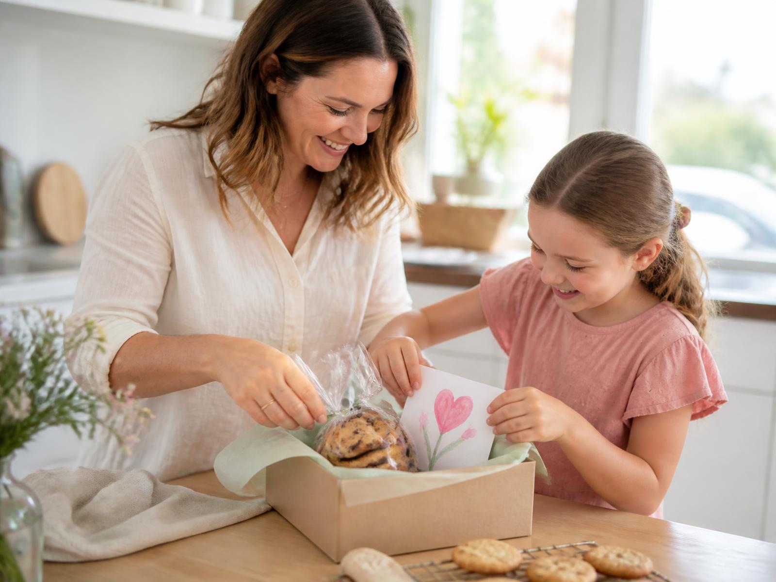 A parent and a primary-school-age child smiling as they pack home-baked cookies and a handmade card into a gift box